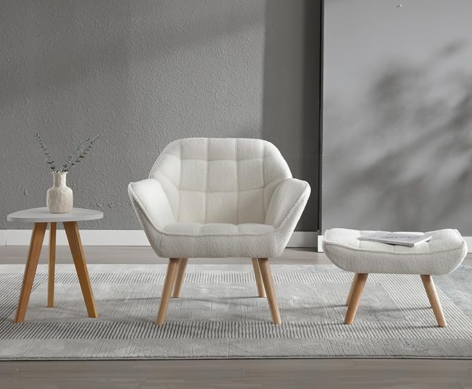 Sherpa Accent Reading Chair with Ottoman Modern Fuzzy Chair with Ottoman Upholstered Armchair with Wood Legs Comfy Lounge Chair for Small Spaces Living Room Bedroom Book Nook White