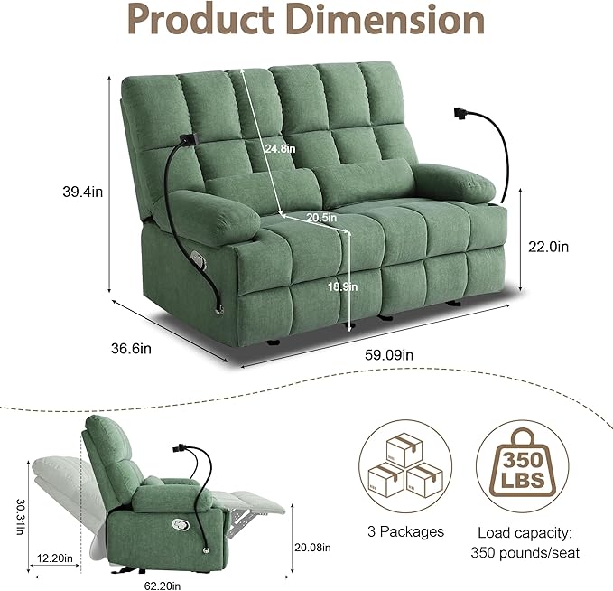 Rocker Recliner-Loveseat Recliner SofaCat-Proof Reclining Loveseat with Phone Holder RV Douber Recliner Sofa for Home TheaterLiving Room (Green-2 Seater) | Rocker Phone Holder
