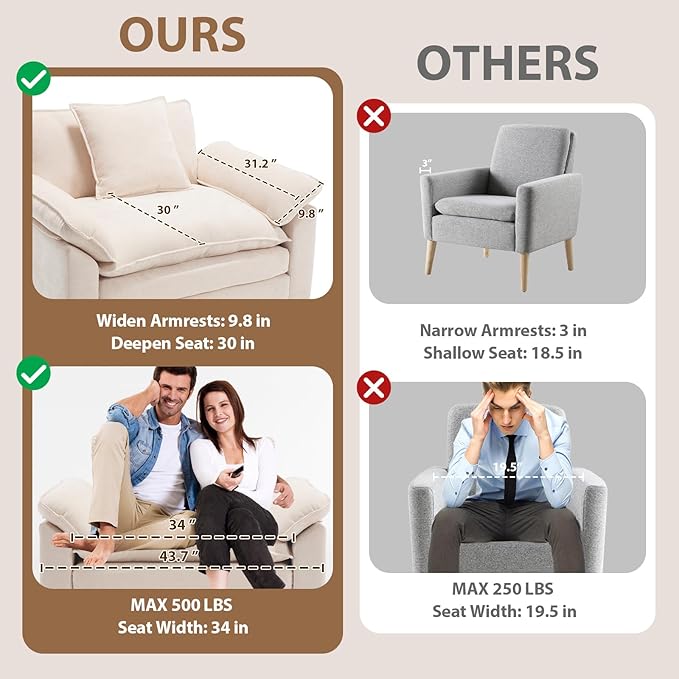 Chenilli Oversized Accent Chair Armchair Chair with Ottoman Comfy Single Sofa with Large Seat and Extra Wide Armrests UpholsteredReading Chairs for Bedroom Living Room