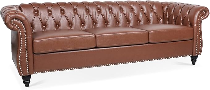 GDFStudio 85 Tufted Button Chesterfield Sofa with Deep Seat Cushions Rolled Arms &amp Gold Accent Strip Midcentury Modern 3-Seater Upholstered Sofa Couch for Living Room Classic Furniture Brown