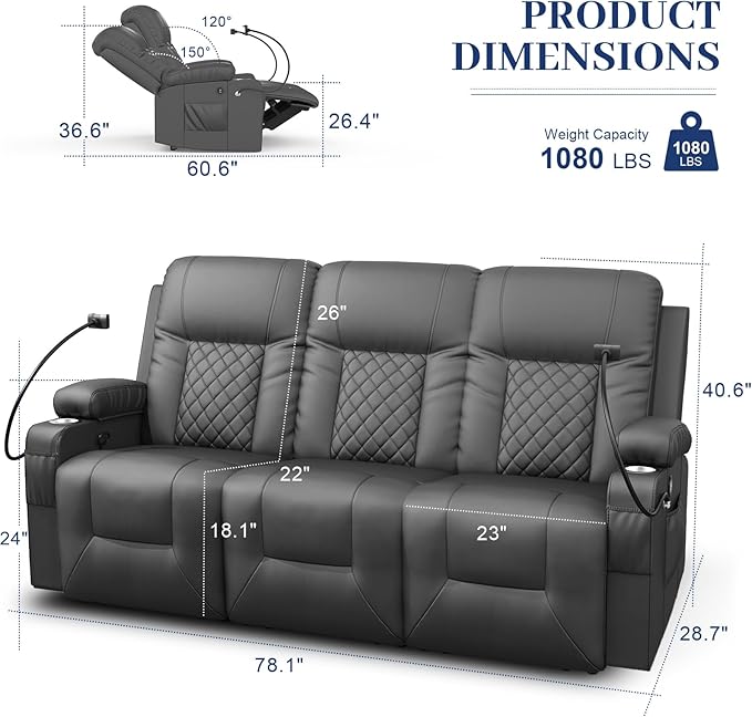 YONISEE 3 Seat Recliner Sofa Large Reclining Sofa with Storage Drawer Manual Recliner Couch with USB Ports 2 Cell Phone Holder 3 Seater Loveseat Recliner Couch for Living Room | Cell Phone Holder