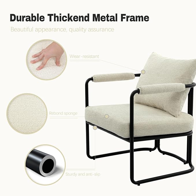 Accent Chairs Set of 2 for Living Room Mid Century Modern Upholstered Reading Armchairs for Bedroom Office with Comfy Chenille Cushion &amp Metal Frame Beige Cream