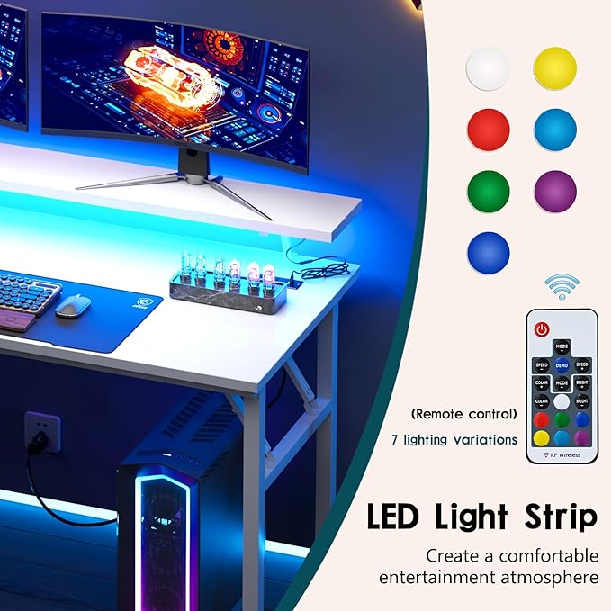 Need 47.2 inch Computer Desk with LED Lights &amp Power Outlets Folding Desk with Monitor Shelf Wide Folding Table Writing Desk Foldable Home Office Desk White