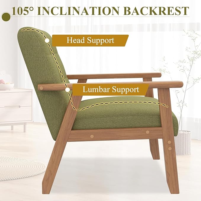Westice Accent Chair 1PC Mid-Century Modern Living Room Chairs with Solid Wood Frame &amp Soft Thicken Cushion Upholstered Reading Arm Chair for Bedroom Balcony Green Linen Fabric &amp Natural L