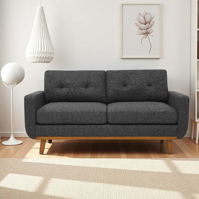 67.7 Mid-Century Modern Loveseat Sofa2-Seat Small Couch with Wooden Legs and Tufted Back for Living Room Bedroom Office ApartmentMini Upholstered Love Seat (Dark Gray)