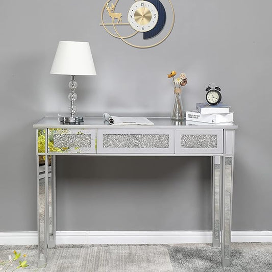 Vanity Desk with 2 Drawers Silver Mirror Desk Modern Makeup Vanity Table MirroredWriting Computer Standing Desk Corner Desk End Table 42 Computer Desk Home Office Desk for Writing Study Bedroom