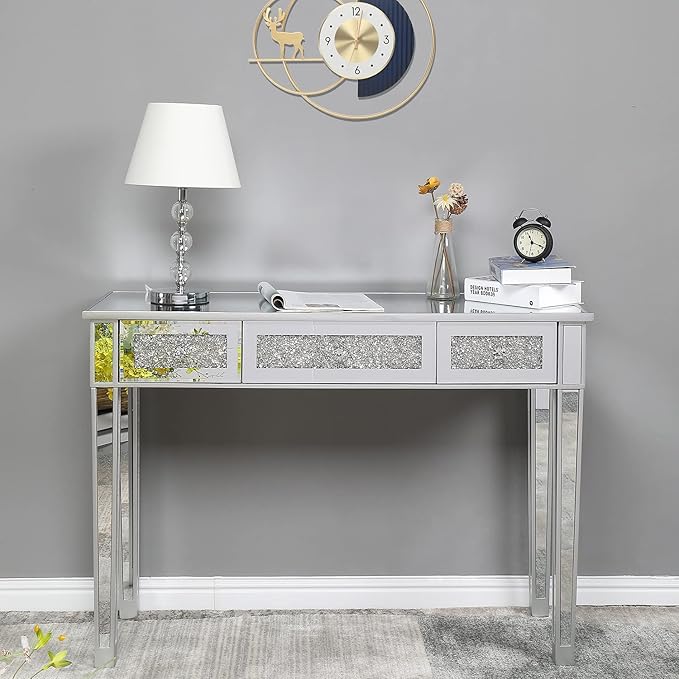 JHshop 42 Console Table Mirror Computer Desk Office Desk Writing Table for Home Office Desk WorkstationMirrored Desk with 3 Drawers Console Table Mirror Sofa Table Living Room Entryway Foyer