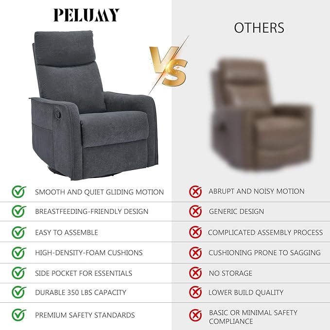 PELUMY 360 Swivel Rocking Recliner Chair for Adults Nursery Rocking Chair with Heat and Massage Glider Reclining Chair for Small Space Living Room Bedroom (Dark Grey)