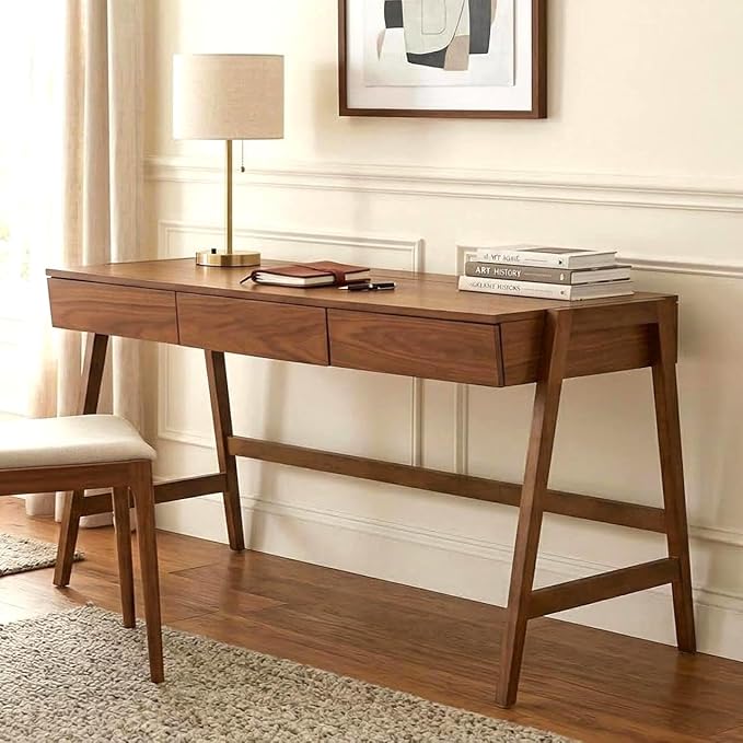 Walnut Wood Desk with Drawers Home Office Desk Mid Century Modern Writing Table for Bedroom Vanity Living Room Study Workstation