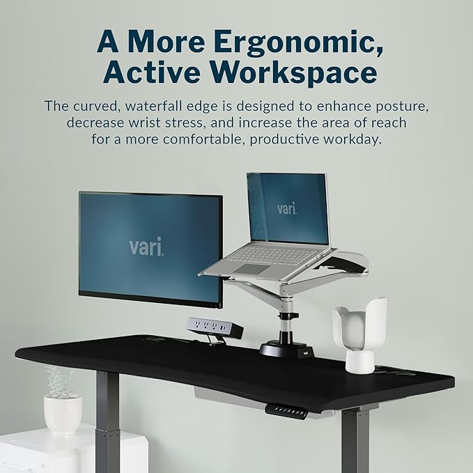 Vari Ergo 54x26 Electric Standing Desk – Height Adjustable Sit Stand VariDesk + Curved Waterfall Edge 4 Memory Settings Quick Assembly Cable Management 200 lb Capacity – Black (2 Boxes)