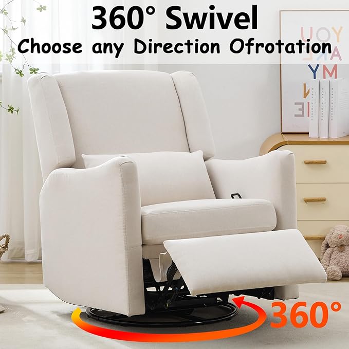 Lazy Boy Glider Recliner Nursery Chair with Wingback Swivel Rocking Recliner for Small Spaces Thick Cushion Linen (Beige)