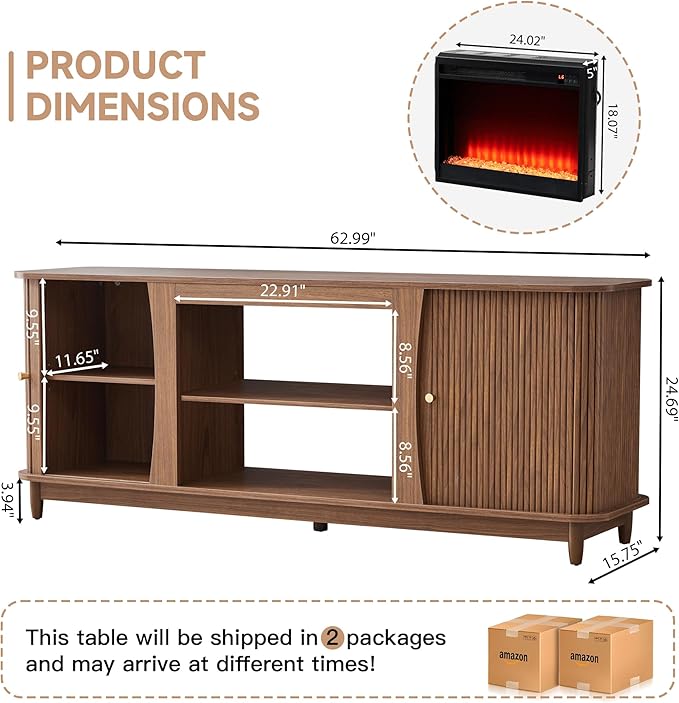 Fireplace TV Stand Fluted TV Stand with Storage and Sliding Door Farmhouse Entertainment Center Media Console Table for Living Room (Walnut)