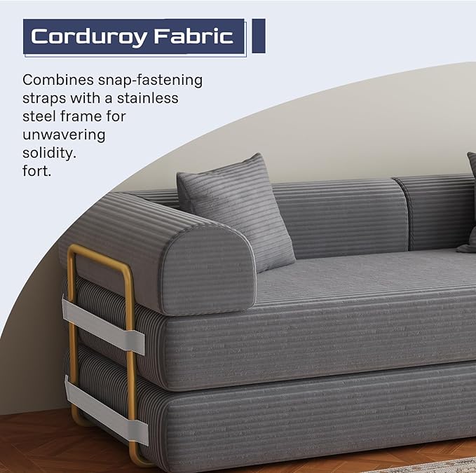 Compression Sofa 75 inch Convertible Floor Sofa Bed 2-in-1 Foldable Frameless Sofa Memory Foam Mattress Corduroy Fabric Pulls Out Couch Suitable for Living Rooms 、Apartments Grey (2 Pillows)