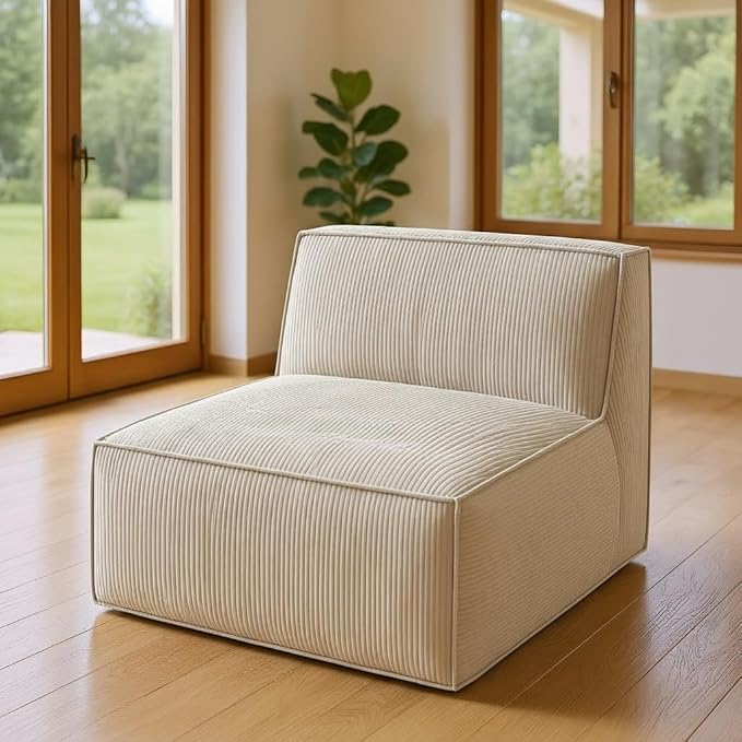 Amada Memory Foam Modular Sofa 30.7 Convertible Single Seater with Back Support - Plush Corduroy Lounge Chair for Bedroom Living Room | Sectional Middle Piece（1-Seater Back ChairBeige）