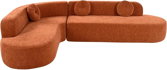 LUMISOL Curved DesignSectional Sofa Couch with 3 Round Cushions 122''L Foam-Filled Compressed Couch for Living Room 2-Piece Modular Chenille Floor Sofa No Assembly Required Orange