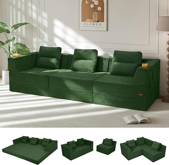 COMAX Futon Sofa Bed 3 Seater 106 Convertible Sofa Bed Couches for Living Room 4 in 1 Folding Boneless Sleeper Corduroy Couch Foam in a Box Comfy Foldable Lounge Fold Out Floor Mattress Green