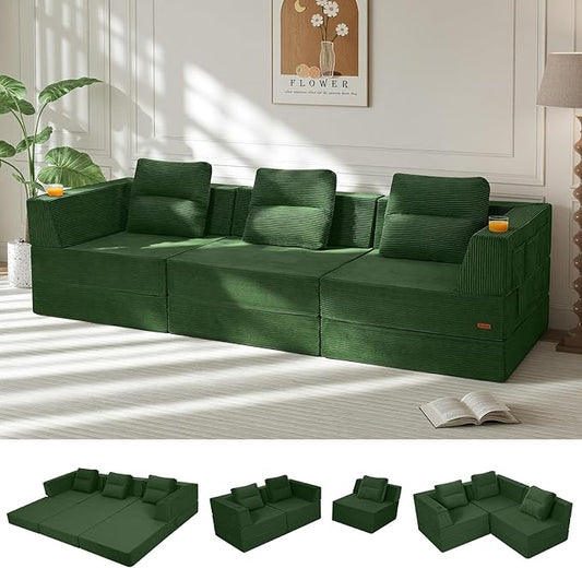 COMAX Futon Sofa Bed 3 Seater 106 Convertible Sofa Bed Couches for Living Room 4 in 1 Folding Boneless Sleeper Corduroy Couch Foam in a Box Comfy Foldable Lounge Fold Out Floor Mattress Green