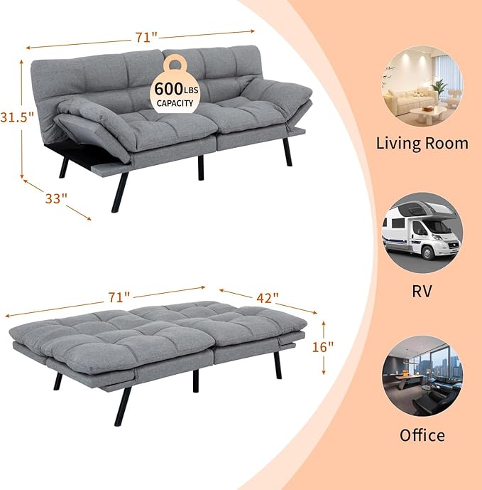 MUUEGM Futon Sofa Bed Modern Memory Foam Futon Couch Sleeper SofaLove seat Convertible Sofa with Adjustable Armrest Backrest for Compact Living Spaces71'' x33''x31.5''Linen FabricGrey