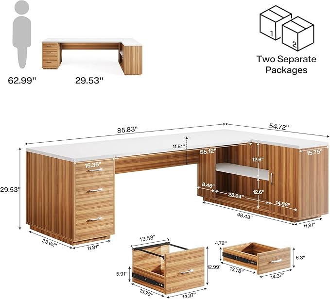 Tribesigns 85.8-Inch L-Shaped Executive Desk with File Drawers Door Cabinet &amp Shelves Extra Large Commercial Office Desk Modern Professional Office Table White &amp Brown Business Furniture