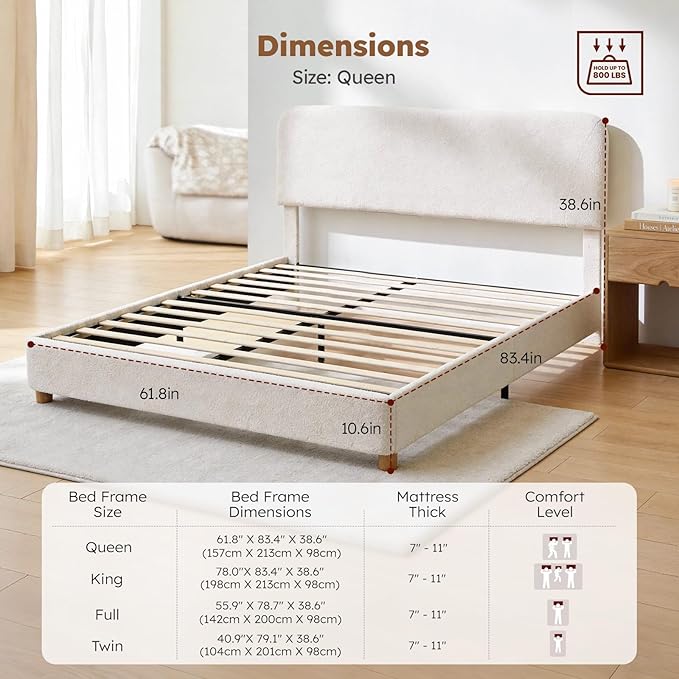 Queen Size Cloud Bed Frame Soft Boucle Bed Frame with Adjustable Headboard Solid Wood Legs Rounded Corners Design &amp Easy Assembly – Modern Platform BedCream