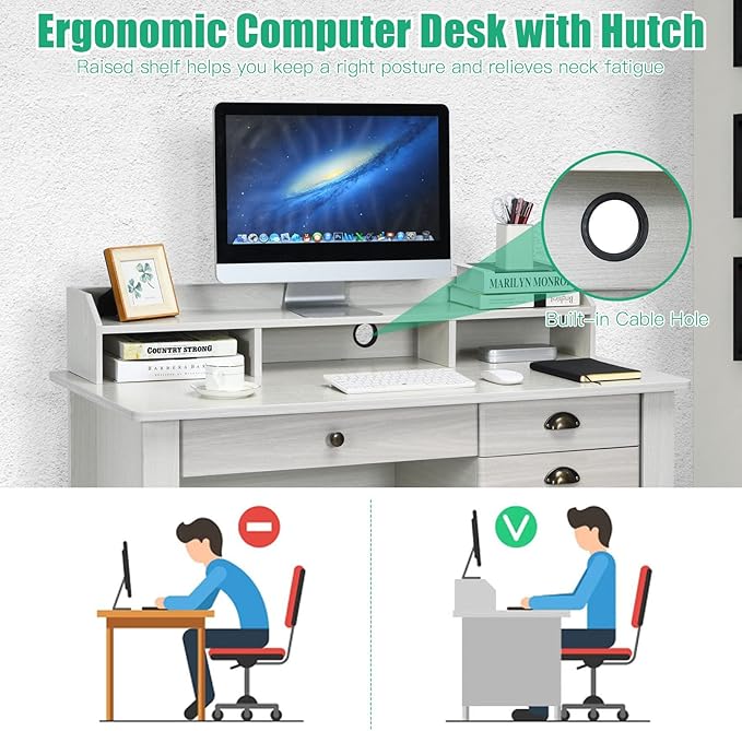 Tangkula White Desk with 4 Storage Drawers &amp Hutch Home Office Computer Vintage Desk Writing Study Table with Storage Shelves Wooden Executive Desk (White)