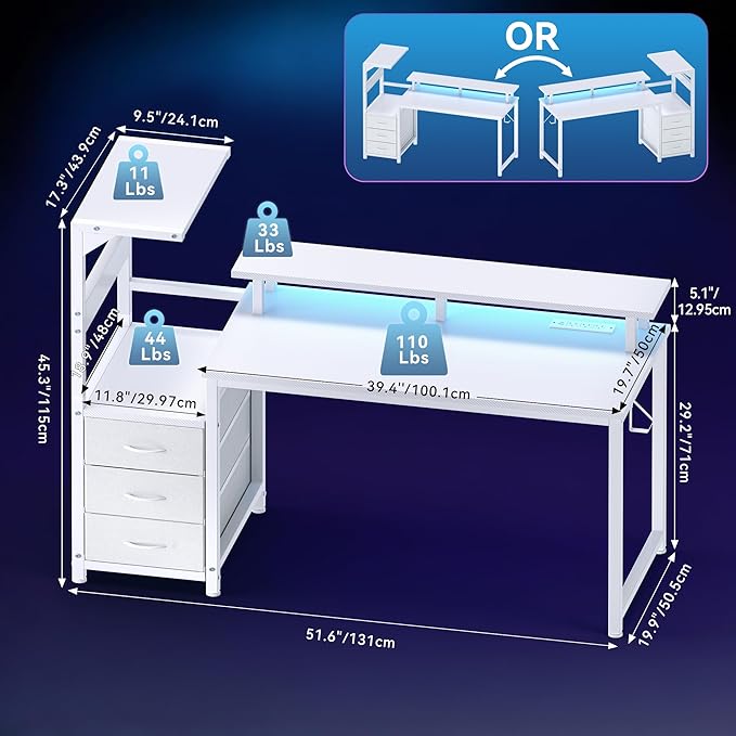 DUMOS L Shaped Gaming Desk with Shelves Storage Drawers 52'' White Computer Desks with LED Lights Power Outlets Office Wood Table with PC Stand Cable Management for Bedroom Dual Monitor Streaming