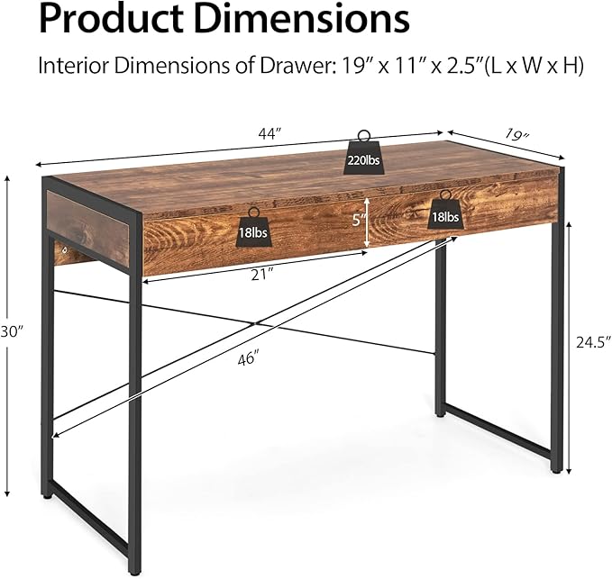 Tangkula Computer Desk with 2 Drawers 44 Study Writing Table w/Heavy-Duty Steel Frame &amp Reinforced Structure PC Desk with Storage for Home Office (Coffee)