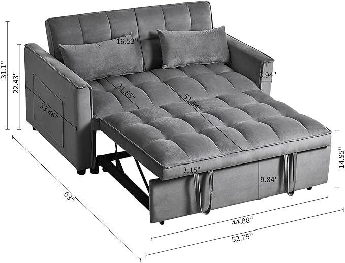 Dark Gray Velvet Pull Out loveseat Sleeper Sofa Bed Convertible Twin Sleeper Chair 3 in 1 Adjustable Backrest with Pillows Pockets Armrests Hidden Stroge for Living Room