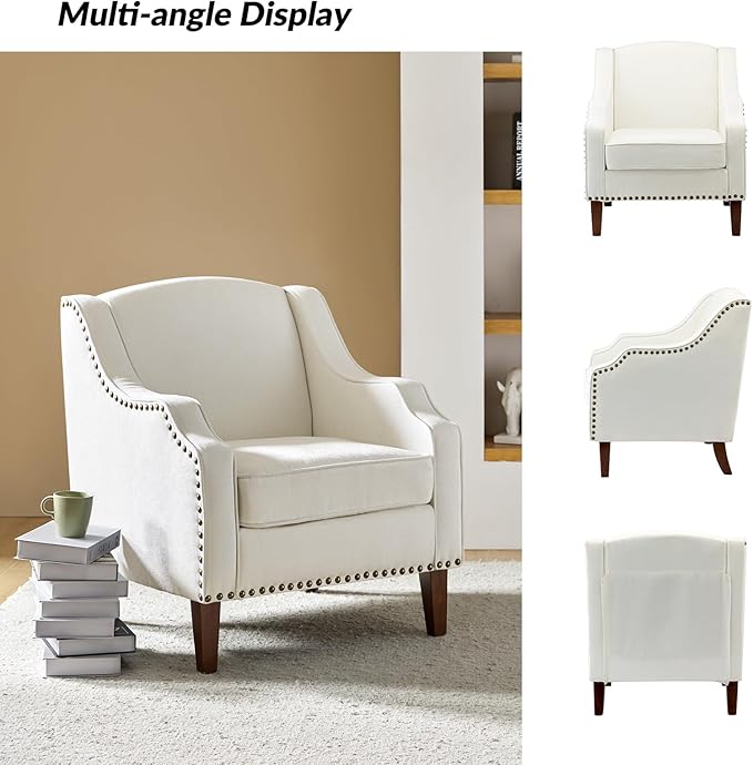 HULALA Home Accent Chair with Swoop Arms Upholstered Armchair with Removable Cushion &amp Solid Wood Legs Nailhead Trim Single Sofa Chair Reading Chair for Living RoomLounge Room Ivory