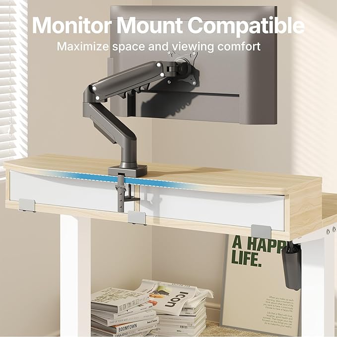 HUANUO 32 x 21 inch Small Electric Standing Desk with 2 Drawers C-Clamp Mount Compatible Height Adjustable Sit Stand Desk Home Office Stand Up Desk with 4 Memory Height Settings Light Walnut