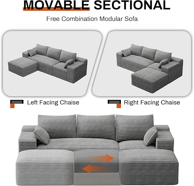 108 Sectional Couches for Living Room Comfy L Shaped Boneless Couches Modern Deep Seat Modular Sofa Cloud Corduroy Couch with Movable Ottoman No Assembly Needed Light Grey