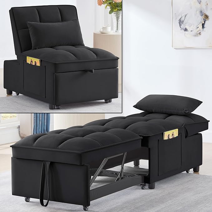 4 in 1 Bouncer with Pull-Out Bed Convertible Slip on Sofa Chair with Storage Pockets and Adjustable Backrest Comfortable Folding Footrest Bed Living Room (Black)