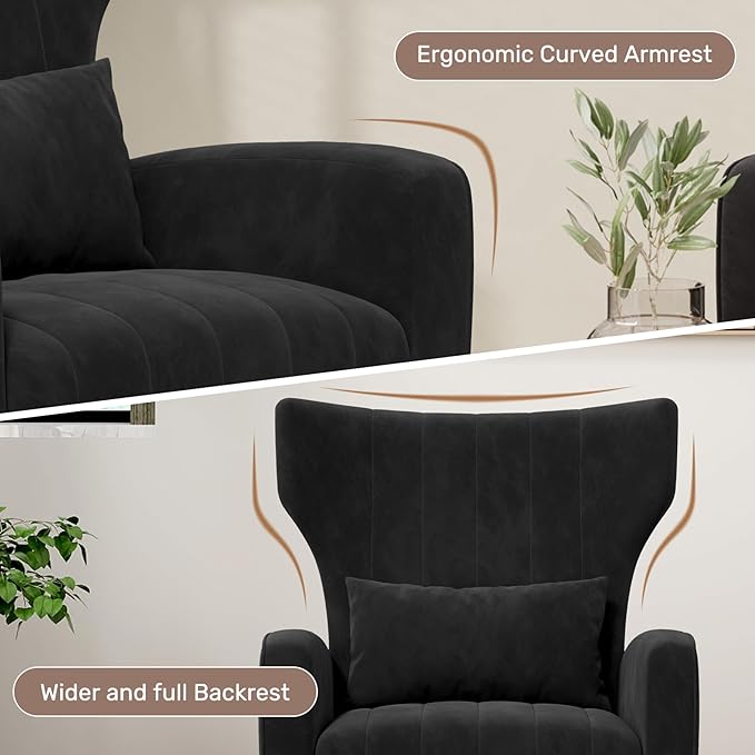 Black Velvet Accent Chair Set of 2 Wingback Chair for Living Room High Back Arm Chair with Golden Legs Lumbar Pillow Upholstered Single Sofa Bedroom