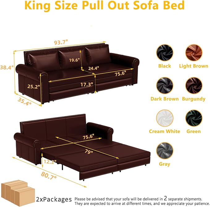 93.7 King Pull Out Sofa Bed Faux Leather Sleeper Sofa Couch 3 in 1 Convertible Futon Couches for Living Room Small Space Apartment Office Bedroom Modern Rivet Armrest Burgundy