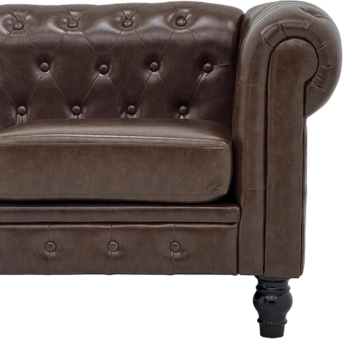 Chesterfield PU Leather Couch 3 Seater Sofa 89 Modern Luxurious Large Button-Tufted Sofa Couch Home Upholstered Deep Seat Sofa for Living Room Furniture Brown