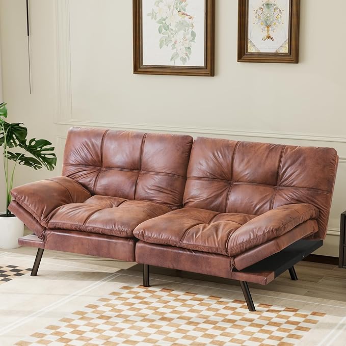 Futon Sofa Bed Convertible CouchMemory Foam Futon Sofa CouchSleeper Futons Sofa CouchesSmall Splitback Modern Loveseat Sofa Bed for Living RoomOfficeApartmentFaux LeatherBrown.