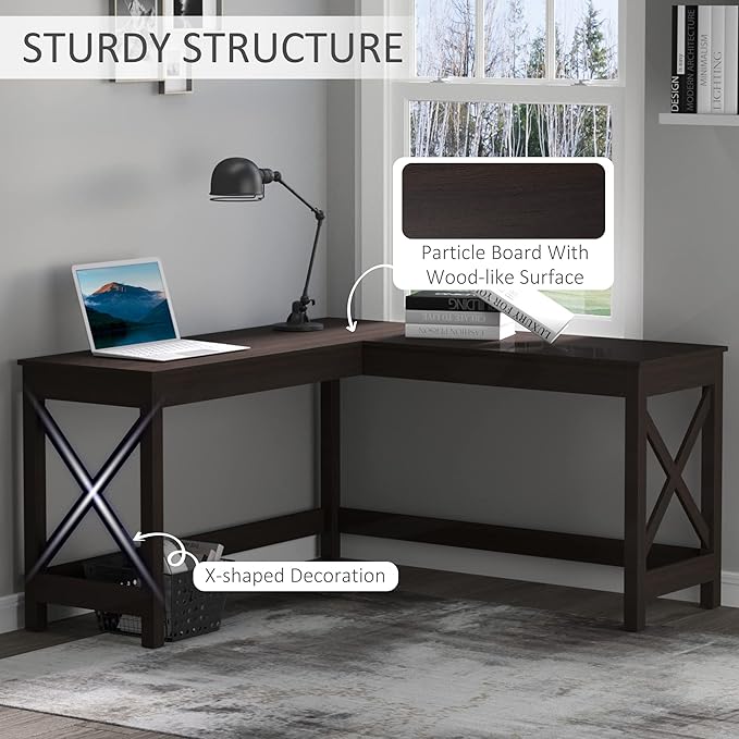 57 L Shaped Corner Desk Computer Home Office Desk and Writing Table Brown