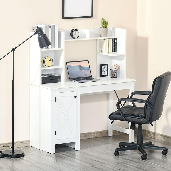 Farmhouse Computer Desk with Hutch and Cabinet Home Office Desk with Storage for Study White