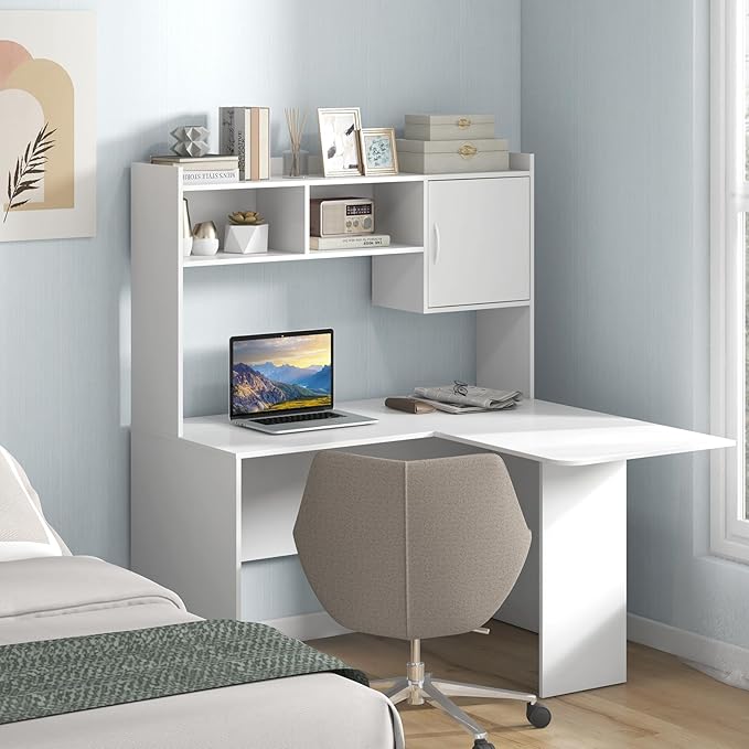 Tangkula L-Shaped Desk with Storage Hutch Corner Computer Desk with Shelves &amp Cabinet Modern Writing Study Table for Home Office Laptop PC Workstation White