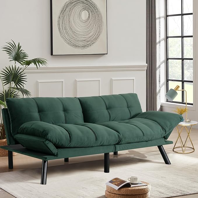 67” Velvet Futon Sofa Bed Convertible Small Upholstered Couch 2-Seat Loveseat Sleeper with Adjustable Backrest and Armrest for Small Space ApartmentGaming RoomOffice(Green)