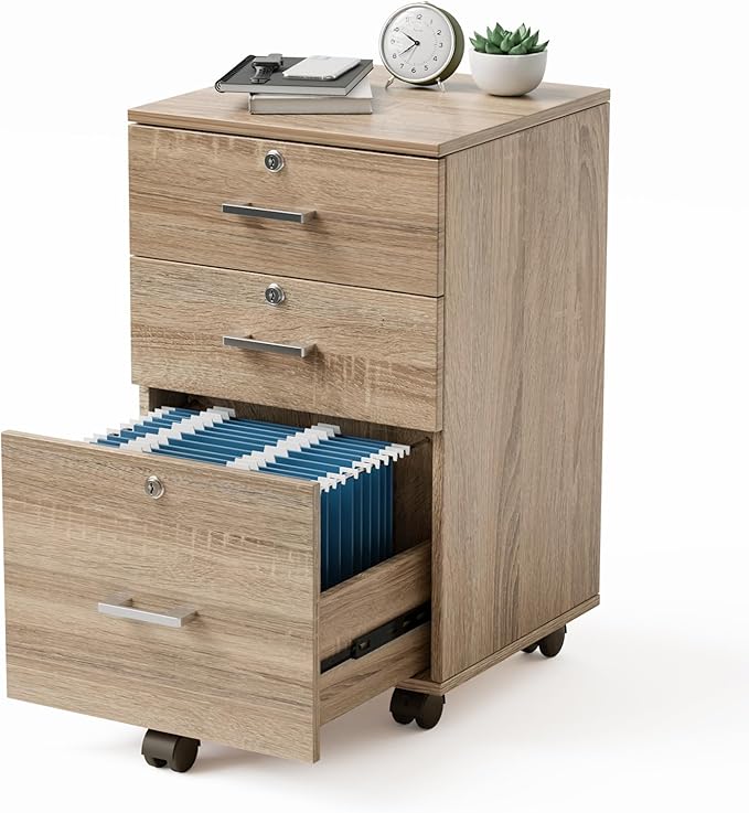VINGLI 3-Drawer File Cabinet with Lock Wood Rolling Filing Cabinets for Home Office Mobile Printer Stand Under Desk File Organizer for Letter Sized Files 26 H(Caster Included) Oak
