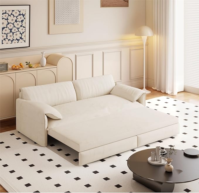 3 in 1 Convertible Queen Sleeper Sofa Bed Comfy Pull Out Futon Couch Bed 66 Modern Velvet Recliner Loveseat Sofa Multi-Functional Beige Cloud Couch for Living RoomApartmentOffice (Beige 66)