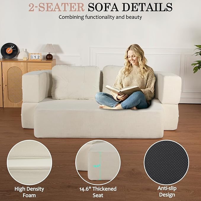 Folding Sofa Bed 78.7 Extra-Long Convertible Sofa Bed with 2 Pillows &amp Blanket 14.6 Thick High-Density Foam Boneless Couch for Bedroom Living Room Apartment Beige