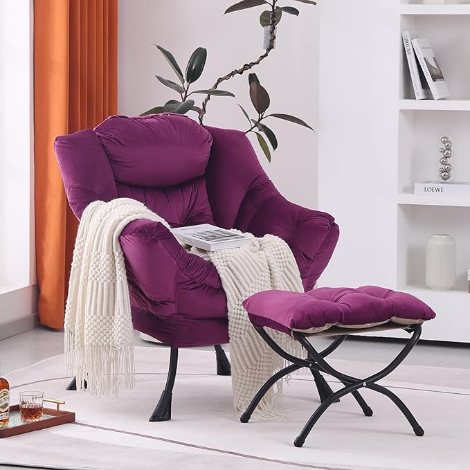 Lazy Chair with Ottoman Modern Accent Chair Lounge Leisure Sofa Chair with Armrests Reading Chair and Folding Footstool for Living Room Bedroom Office Plush Pink