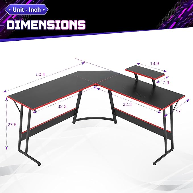 NChanmar L Shaped Gaming Desk with Monitor Riser Stand Home Office Corner Desk for Studying Working Large Desktop Black