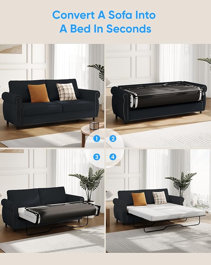 2 in 1 Sofa Bed Queen Size Linen Fabric Pull Out Couch with Folding Foam Mattress Convertible Loveseat Sleeper Sofa with Nailhead Trim for Living Room Bedroom Apartment-Grey