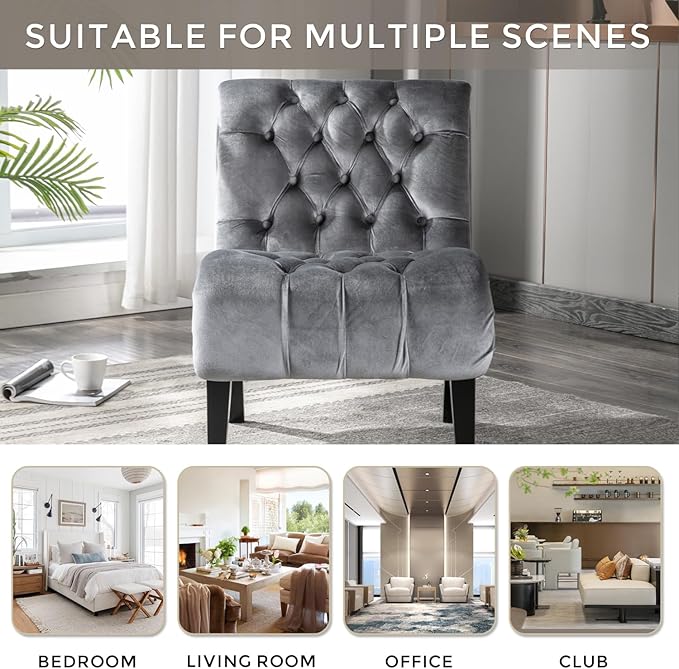Modern Velvet Armless Accent Chair with Wooden Legs for Living Room Bedroom Office (Silver Velvet)