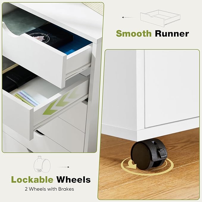 NEWBULIG 5 Drawers File Cabinet Under Desk Storage with Wheels Small Rolling Office Filing Cabinets Chest of Dawers for Home Office White