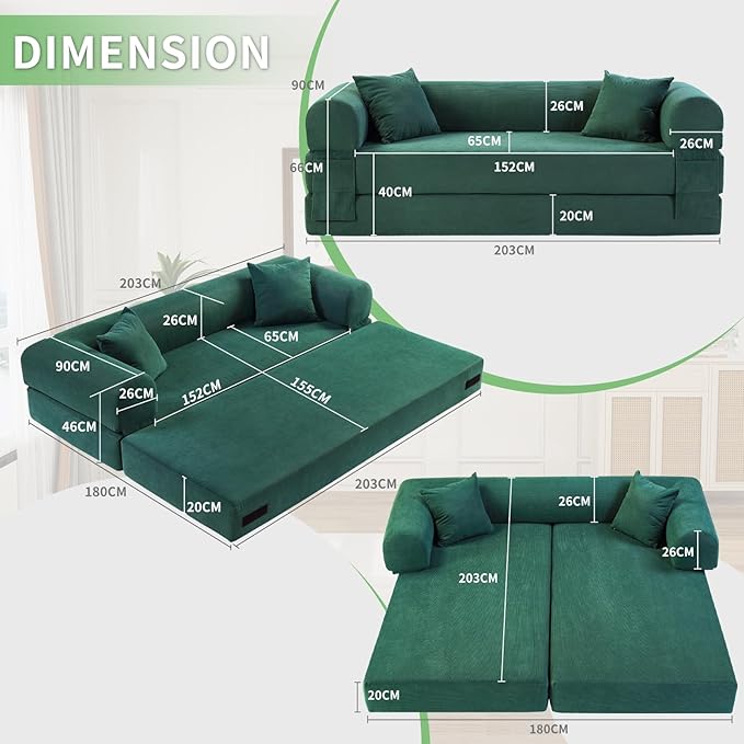 4-in-1 Folding Convertible Sofa Bed 80 Inch Oversized Corduroy Boneless Couch Loveseat Sleeper with Pull Out Bed Floor Sofa Modular Futon Teddy Sofa for Living Room Bedroom Lounge Deep Green