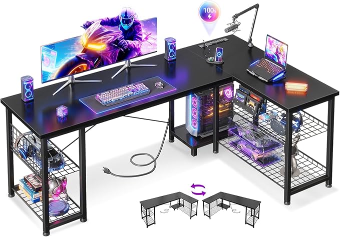 Casaottima 59 Inch L Shaped Gaming Desk with Shelves &amp Power Outlets Reversible Computer Desk with Storage Shelves for Home Office Black